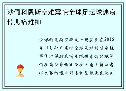 沙佩科恩斯空难震惊全球足坛球迷哀悼悲痛难抑 沙佩科恩斯空难震惊全球足坛球迷哀悼悲痛难抑